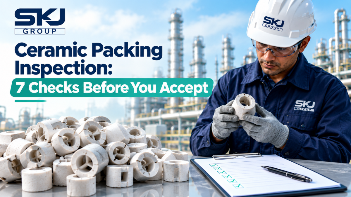 Ceramic packing inspection by an SKJ Group quality inspector examining ceramic tower packing rings before acceptance in an industrial facility.