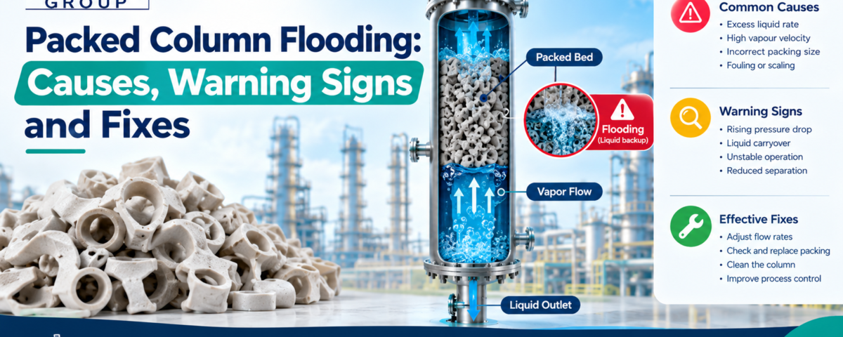 Packed column flooding infographic showing common causes, warning signs, liquid backup in a packed bed, and solutions for improving industrial column performance.