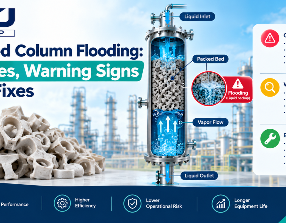 Packed column flooding infographic showing common causes, warning signs, liquid backup in a packed bed, and solutions for improving industrial column performance.