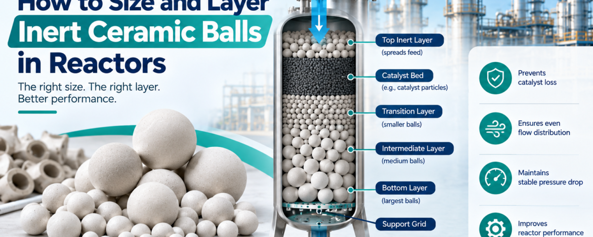 Industrial reactor diagram showing layered inert ceramic balls, catalyst bed, transition layers, support grid and product outlet.