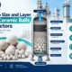 Industrial reactor diagram showing layered inert ceramic balls, catalyst bed, transition layers, support grid and product outlet.