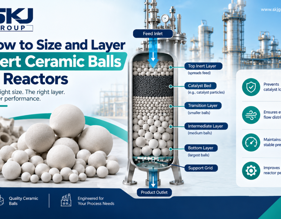 Industrial reactor diagram showing layered inert ceramic balls, catalyst bed, transition layers, support grid and product outlet.
